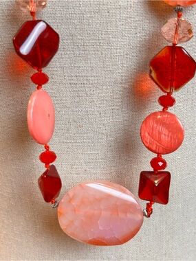 Pink & Red Mixed Stone & Glass Beaded Statement Necklace Eclectic Unique Vibe